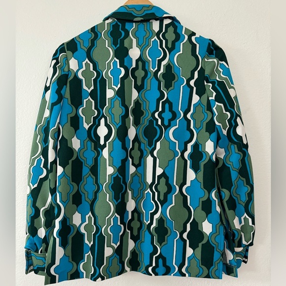 Vintage Neiman Marcus 70s Button Up Shirt Green Blue Polyester Size 10 / Medium - Picture 6 of 9